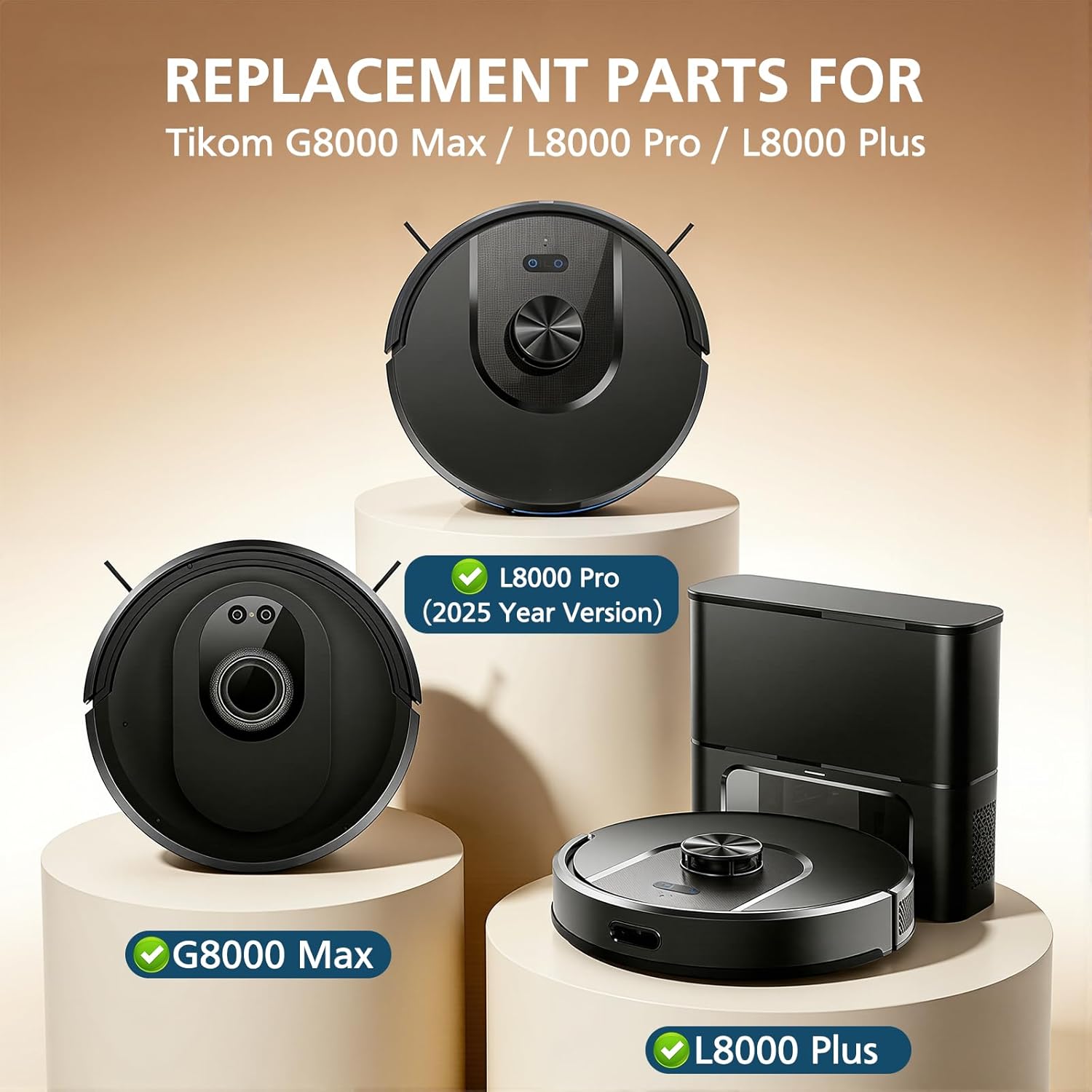 G8000 Max Replacement Parts, for Tikom G8000 Max, L8000 Plus, 2025 Year L8000 Pro Robot Vacuum, Accessories Include 2 Main Brushes, 6 Side Brushes, 6 HEPA Filters, 6 Mop Pads