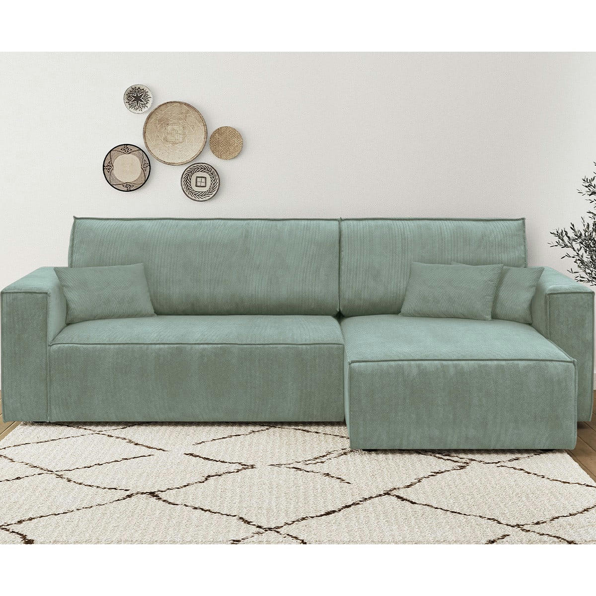 LIVIA NEW - Canapé d'angle convertible 4 places en velours fines côtes beu clair
