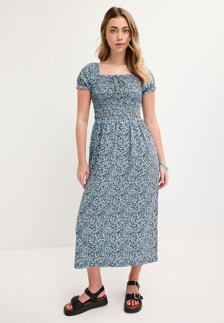 Womens Navy Floral Milkmaid Shirred Midi Dress