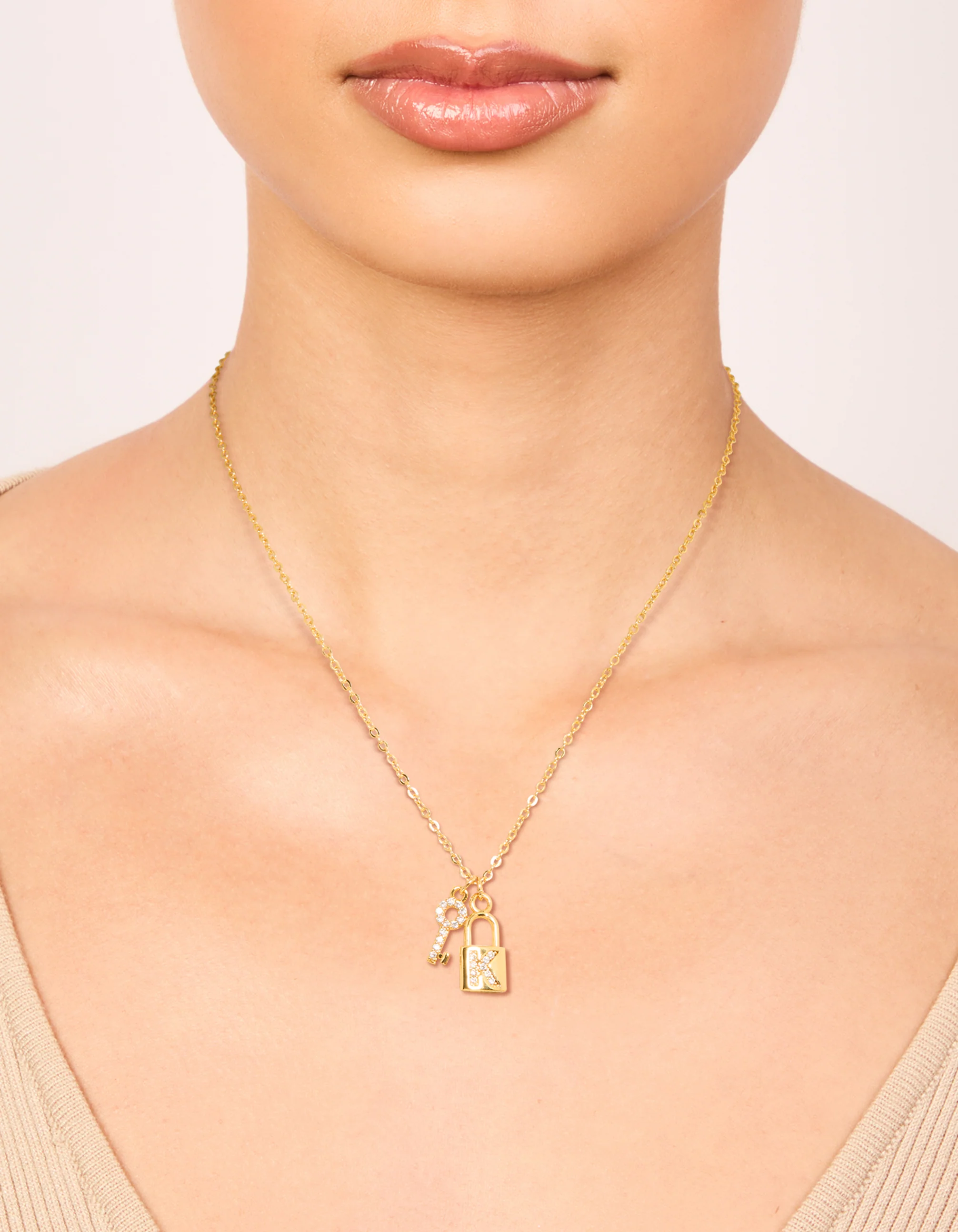 Gold Plated Cubic Zirconia Lock & Key Letter K Necklace