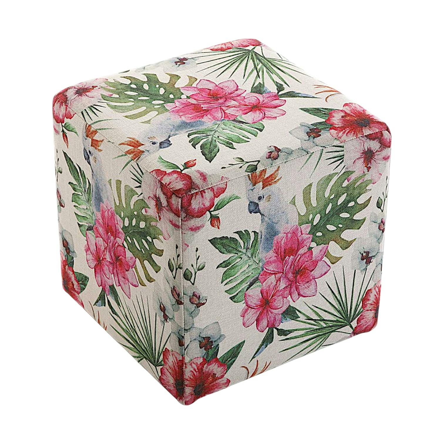 Pouf cube tropical motif perroquets, feuilles et fleurs 35x35x35cm BORNEO