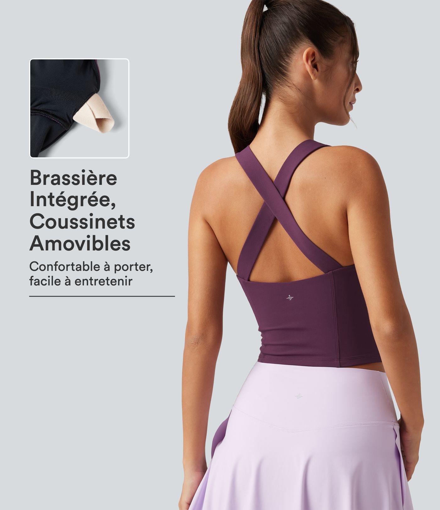 Débardeur de yoga SoftlyZero™ à col V, bretelles croisées, coussinets amovibles et protection solaire UPF 50