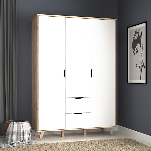 Armoire 3 portes 2 tiroirs décor chêne et blanc pieds bois - ALBANE