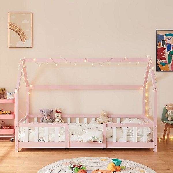 Lit d'Enfant Design Forme Maison Sisimiut Pin 200 x 90 cm Rose Blanc Mat Laqué en.casa