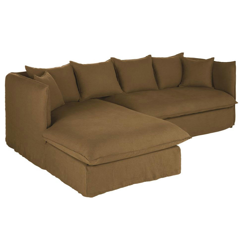 Louvain - Canapé d'angle gauche 3/4 places en lin froissé marron havane