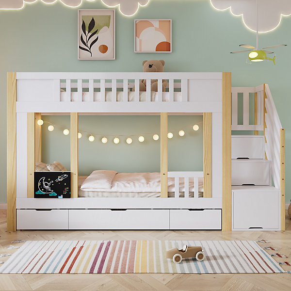 Lit Superposé enfant 90x200 cm - avec Rangement et Tiroirs Roulants, échelle Latérale, Pin et MDF, Blanc, Sans Matelas