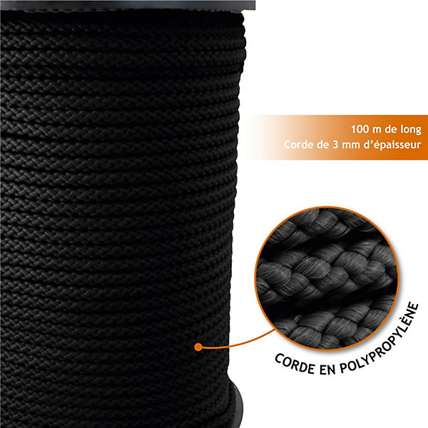 Bobine de corde tressée 3 mm x 100 m - Noir - Linxor