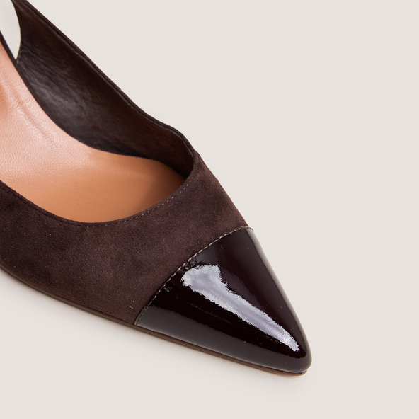 Escarpins slingbacksen vernis et velours marron foncé | DESTELLE