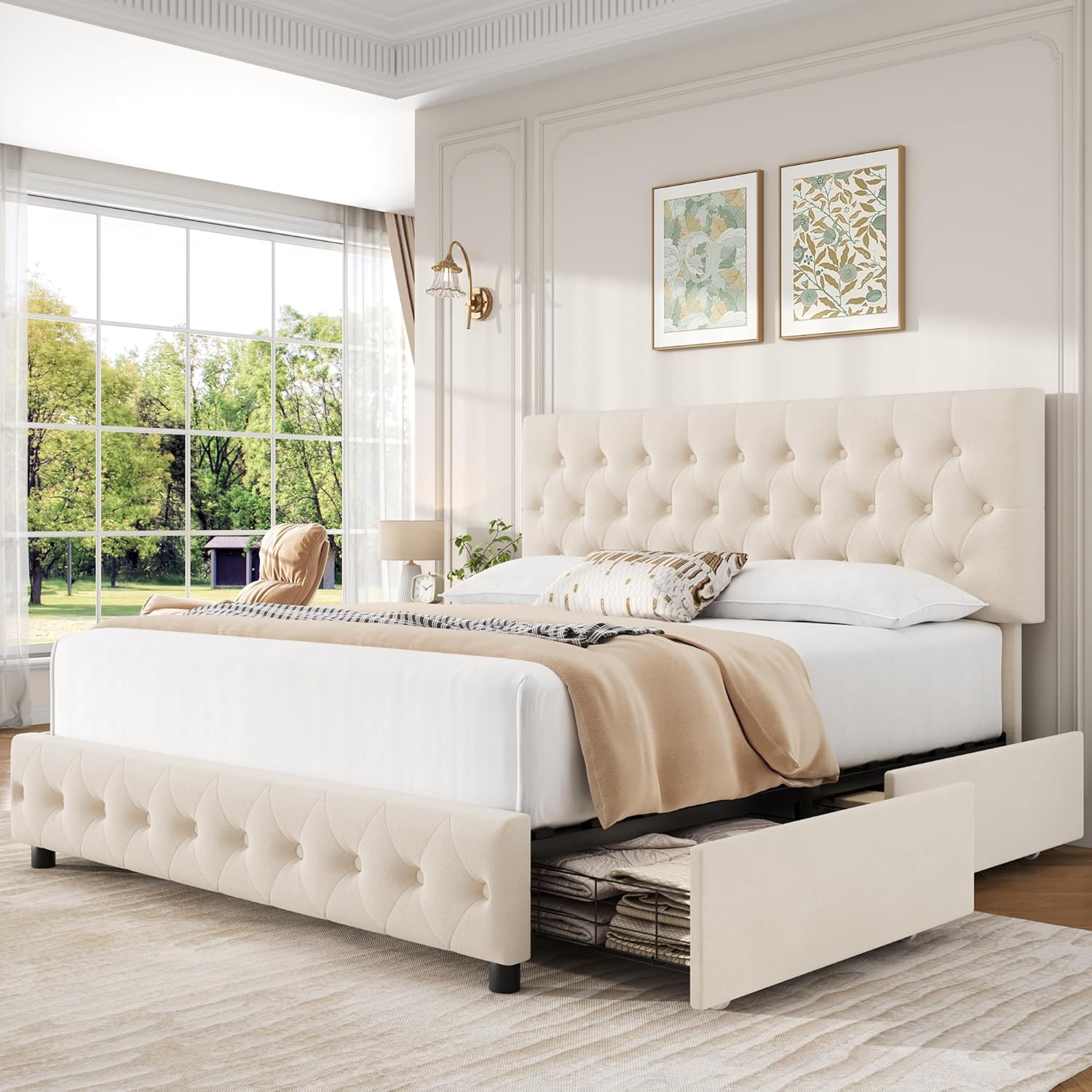Keyluv Modern Upholstered Bed Frame with 4 Storage Drawers, Button Tufted Headboard Design, Solid Wooden Slat Support, Easy Assembly, Soft Velvet, Beige, King Size