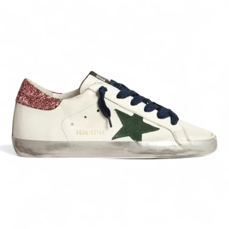 Super-Star sneakers with green suede star and pink glitter heel tab
