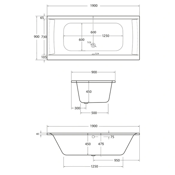 Badewanne »Rosa«, BxHxL: 90 x 45 x 190 cm, rechteckig