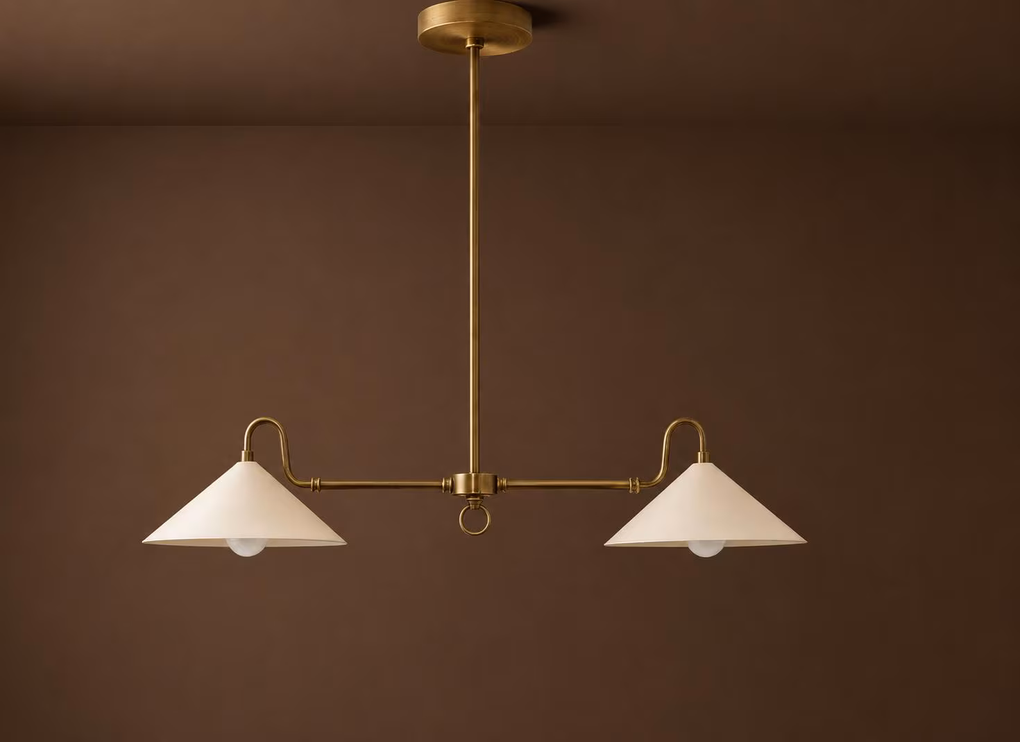 Handmade Brass Double Pendant Light – Mid-Century Modern Cream Cone Shades