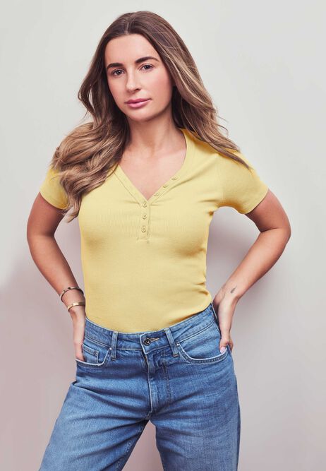 Womens Lemon V-Neck Placket Short Sleeve Top