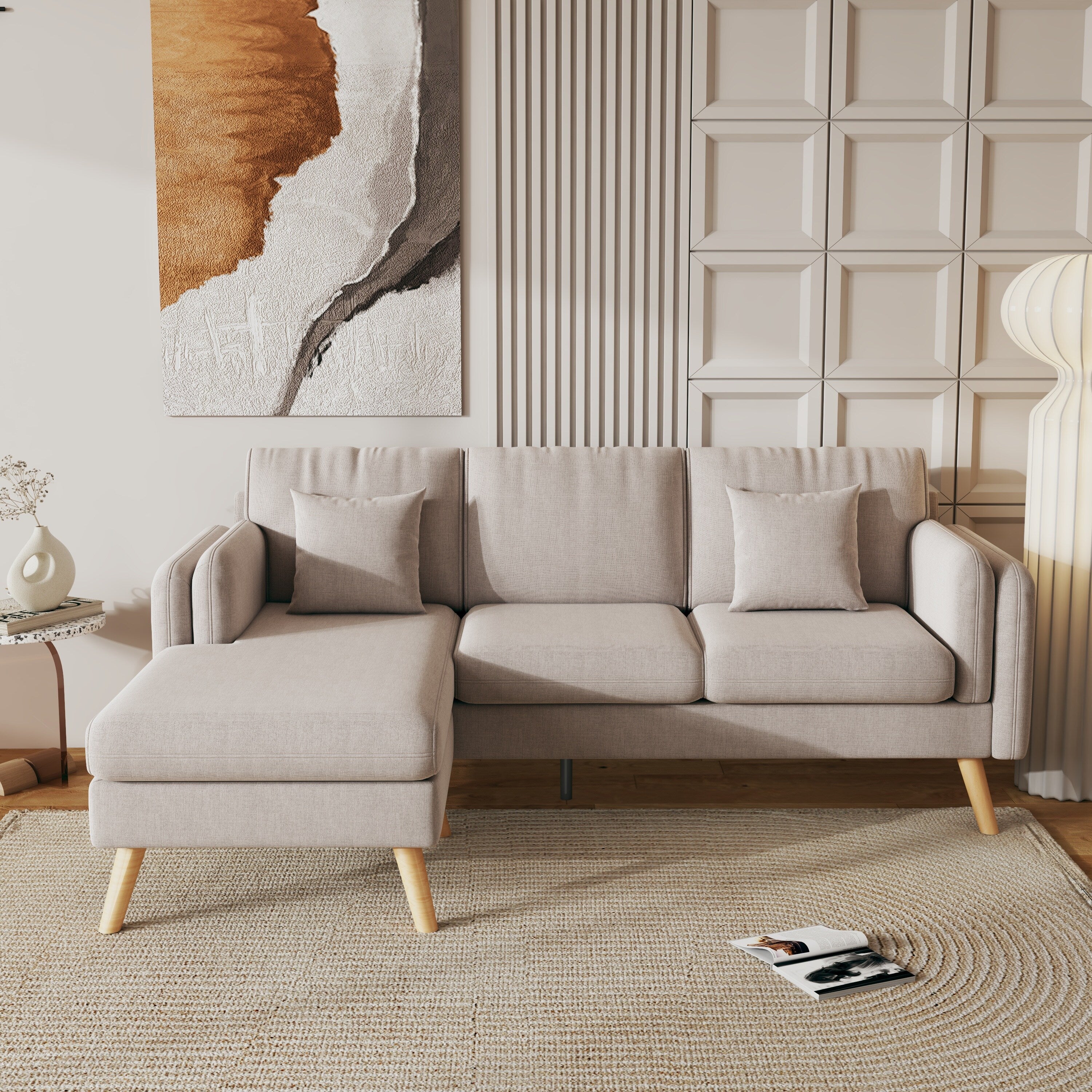 Grey 84.6'' Fabric L-Shaped 3-Seater Sofa with Reversible Chaise and Comfortable Spring Cushions