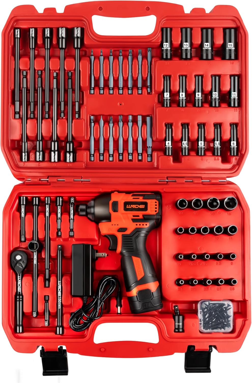 LLNDEI 1/4 Drive Socket Set 16V Brushless Impact Driver Kit, 108 PCS 6 point Metric Magnetic Nut Driver Set, including 1.5Ah Battery, Charger and a Self-Tapping Screws, Hex Drill Bits Can be Used