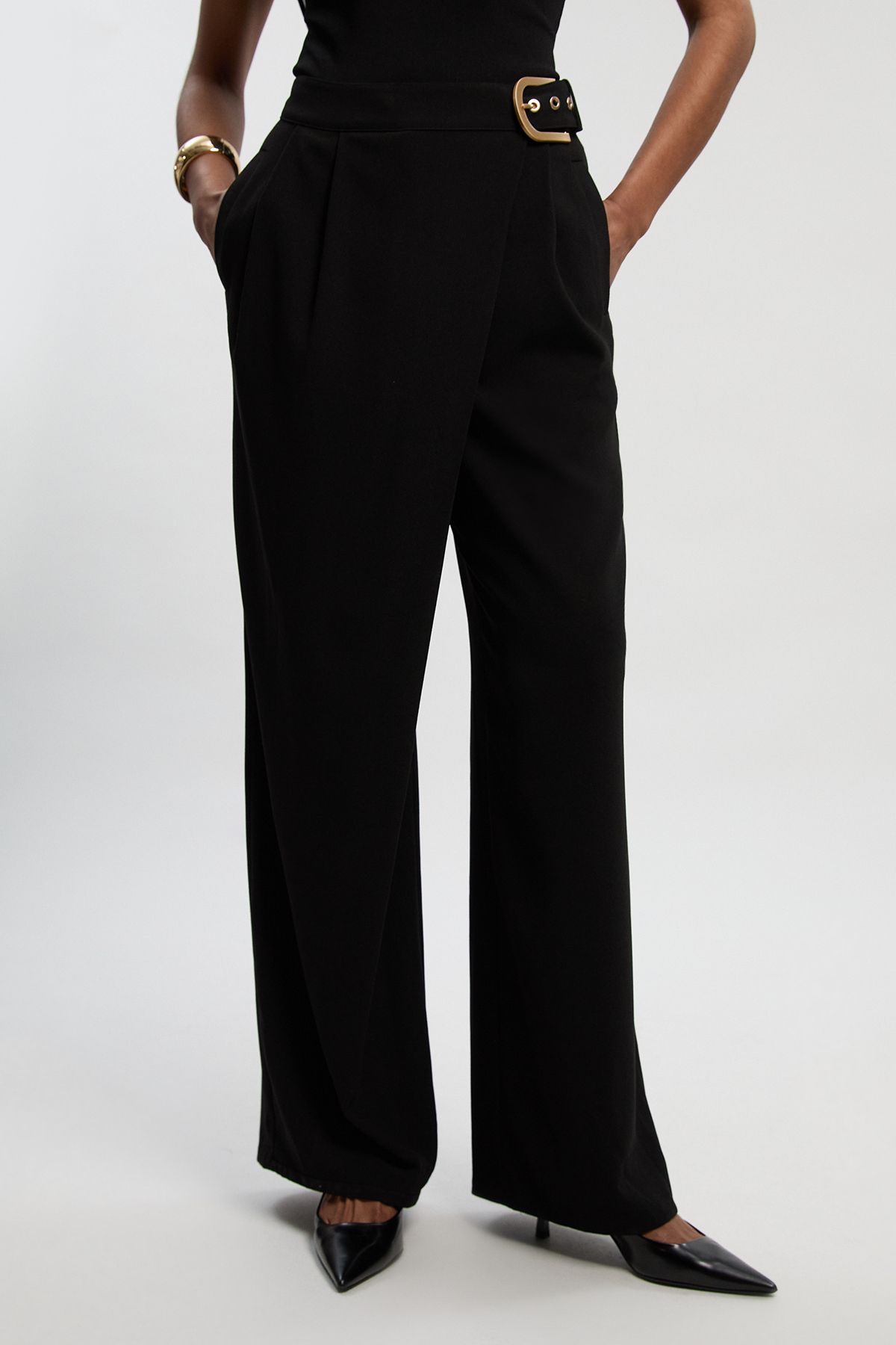 KarenMillen Tailored Crepe Asymmetric Buckle Detail Wide Leg Trouser