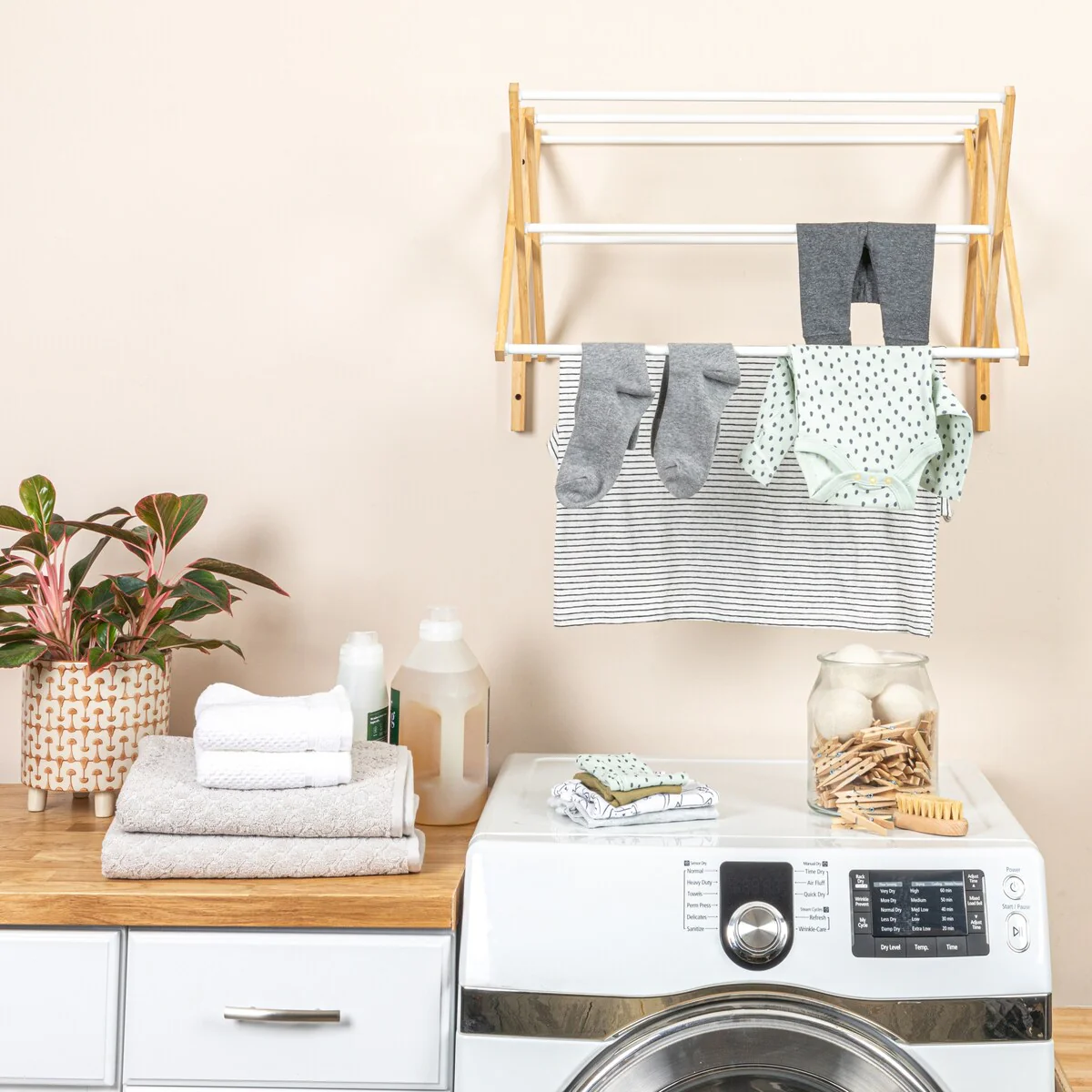 Household Essentials Bamboo and Metal Wall Mount Extendable Drying Rack with 8 Dowels - 28.0L x 22.5W x 17.8H