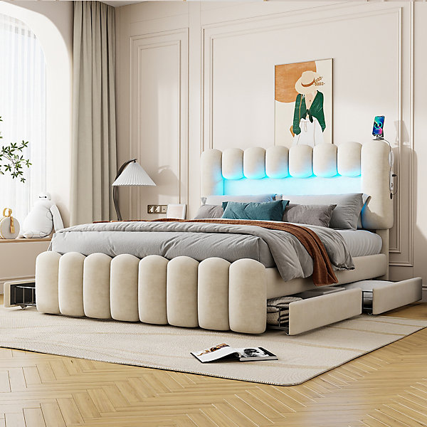 Lit avec Rangement 160 x 200 cm - Lit Capitonné avec 4 Tiroirs, LED et USB - Velours   MDF - Sans Matelas - Beige