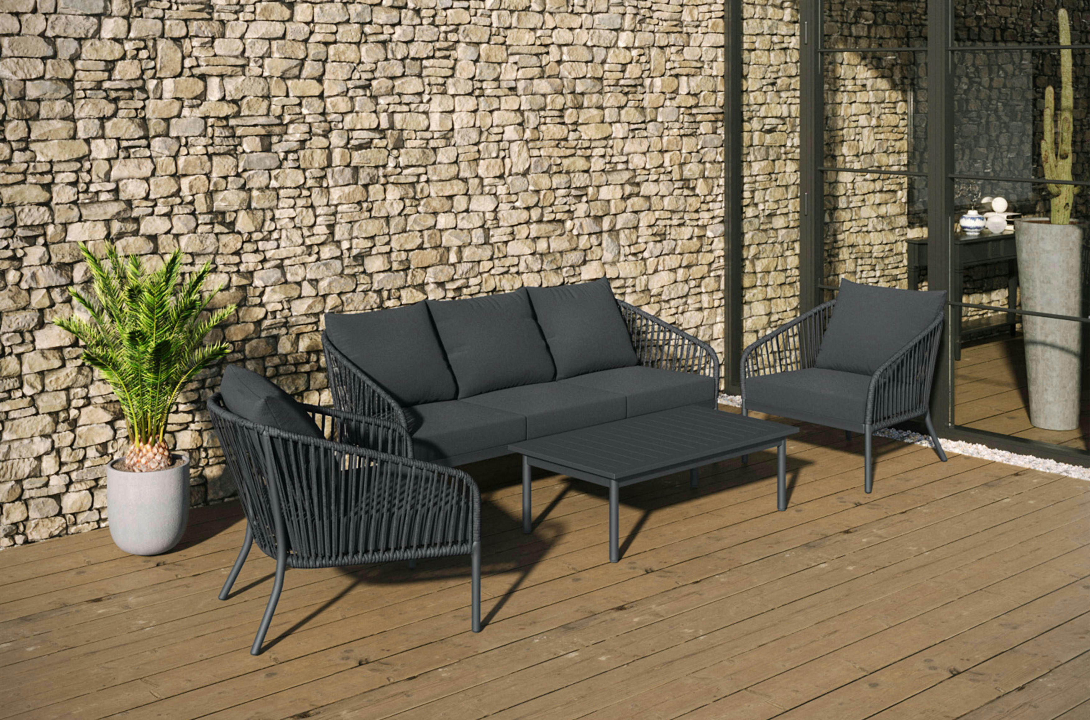 HAWAI - Salon 5 personnes cordage et structure en aluminium gris anthracite