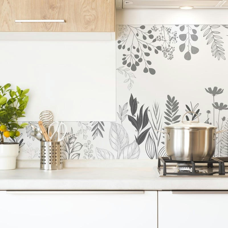 CHAMPÊTRE B&W - Crédence cuisine Fond de hotte ALU L90cmxH70cm Noir Végétal feuillage