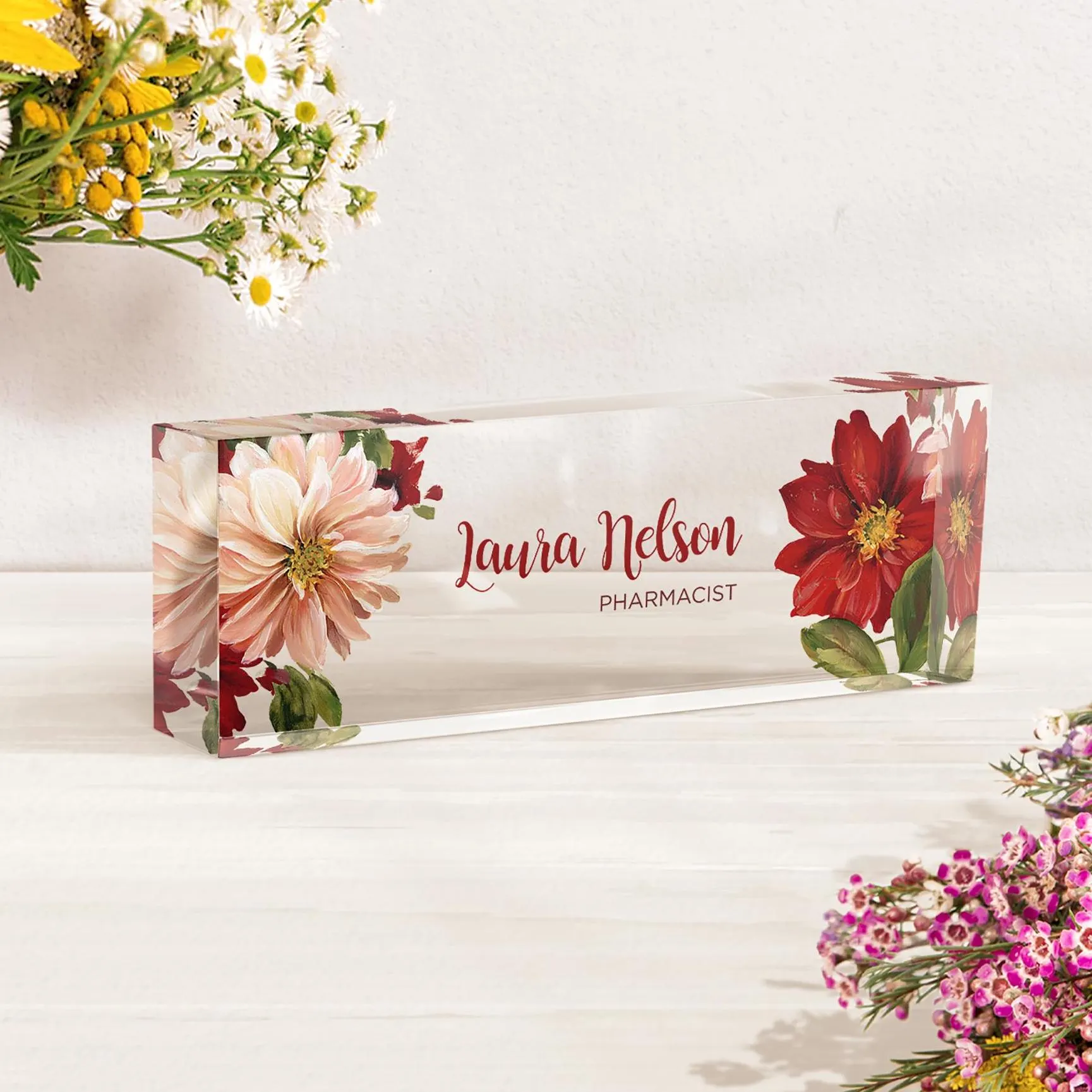 Personalized Acrylic Desk Name Plate: Floral Office Decor
