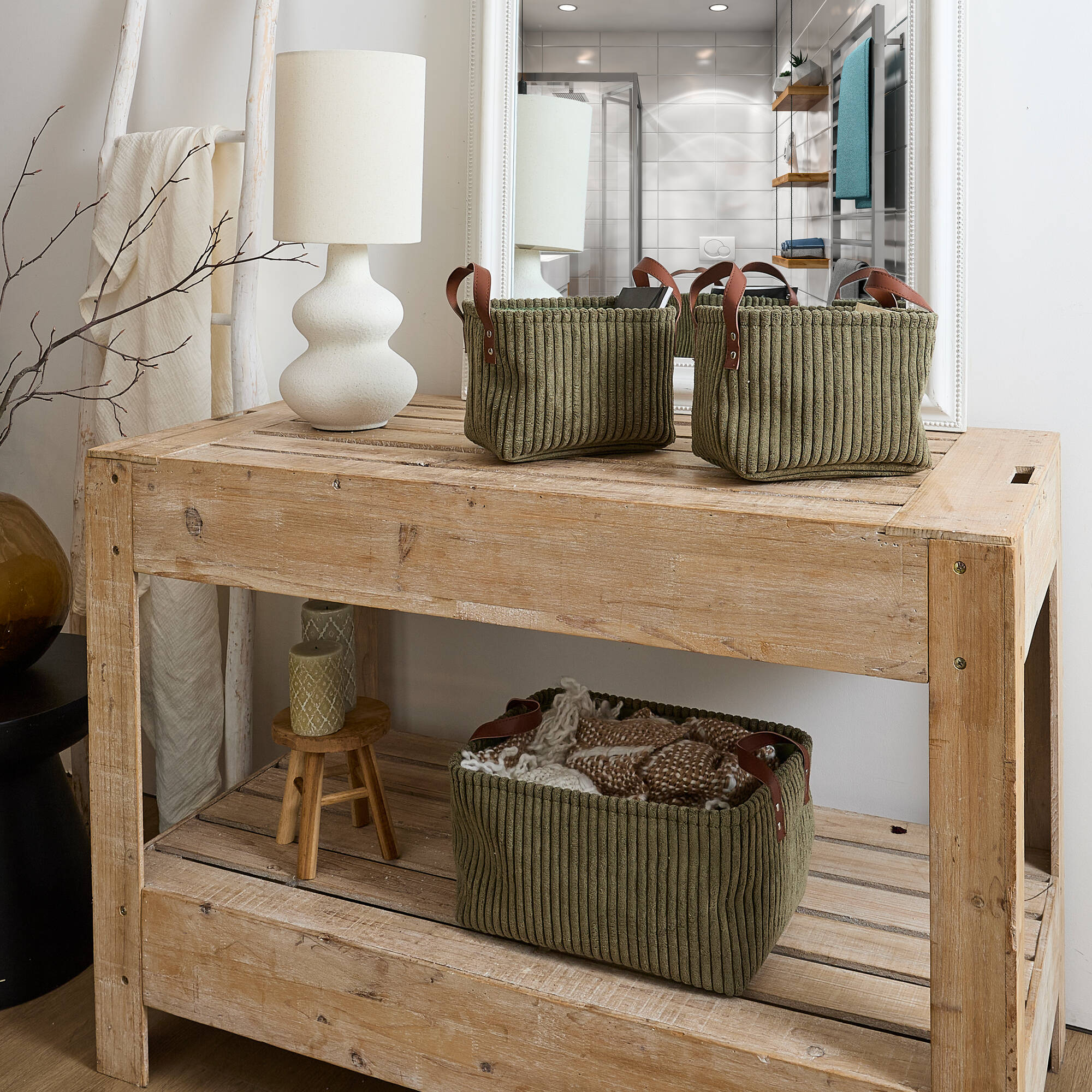 Panier de rangement tissu c&ocirc;telé - lot de 3