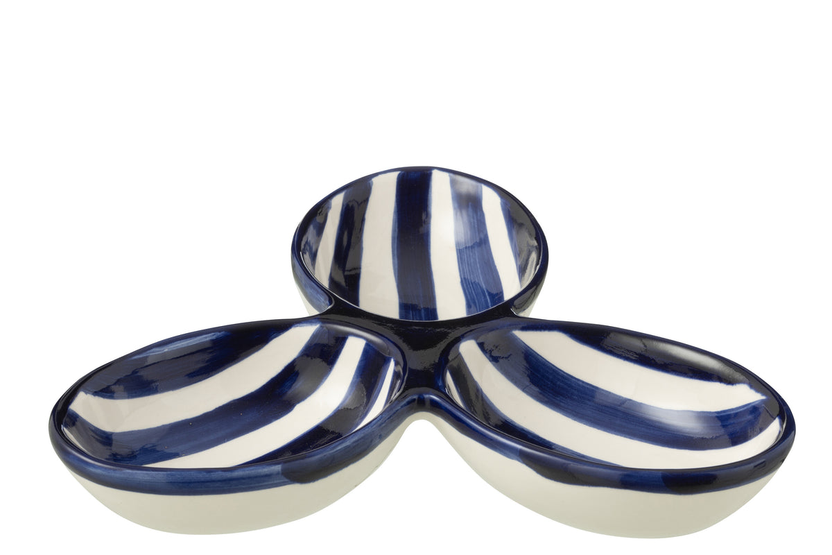 J-Line serveerschaal Granada Stripes Clover - keramiek - wit/blauw