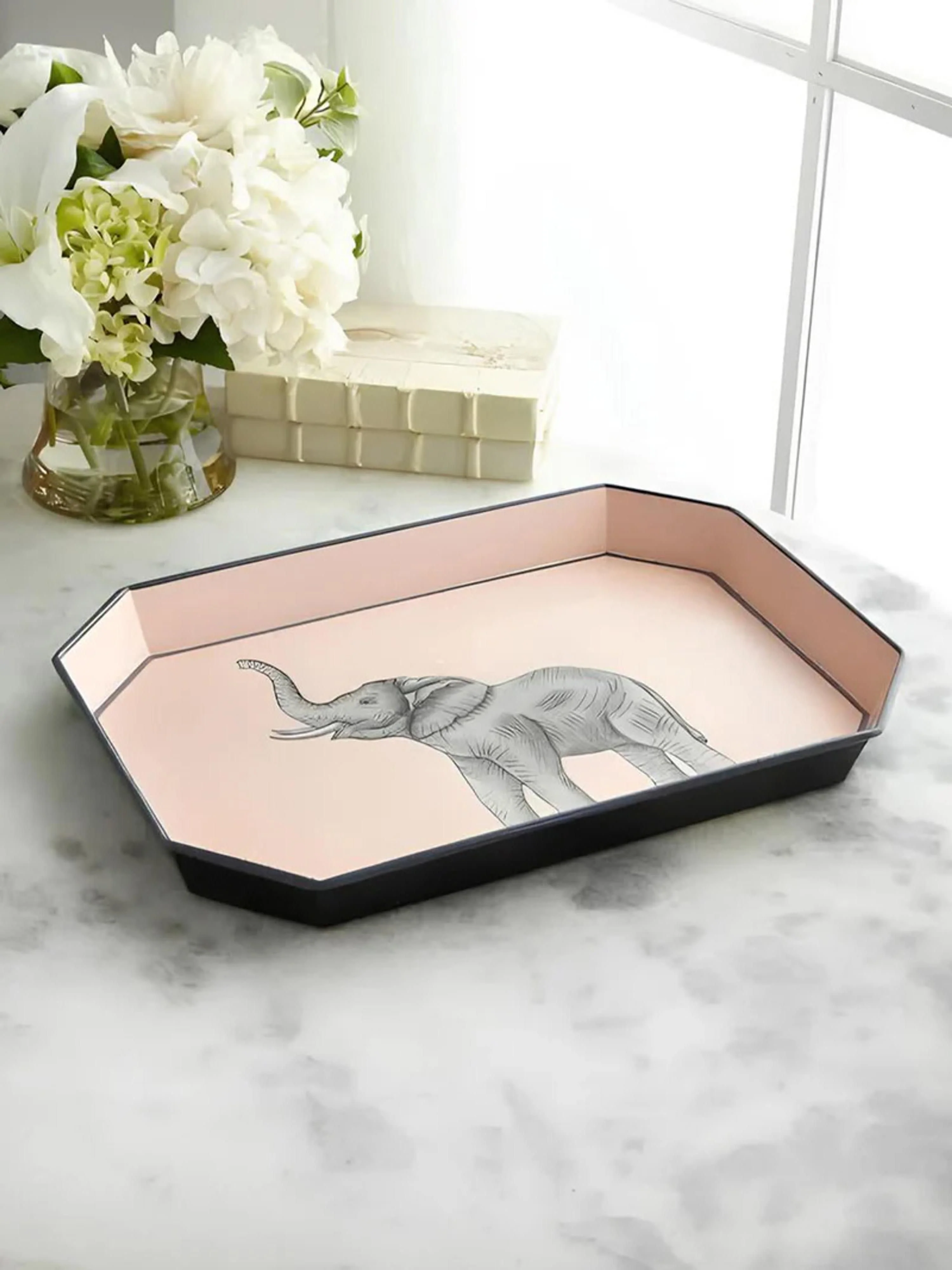 Handbemaltes Deko-Tablett Fauna mit Elefant-Motiv