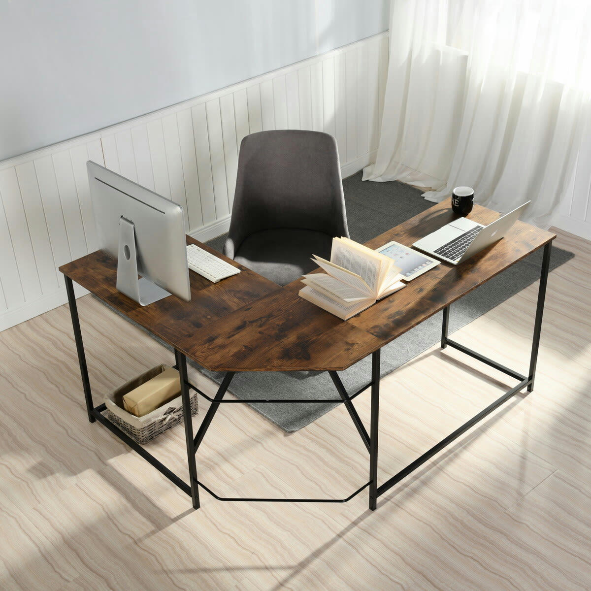 - Bureau d'angle design métal et bois brut