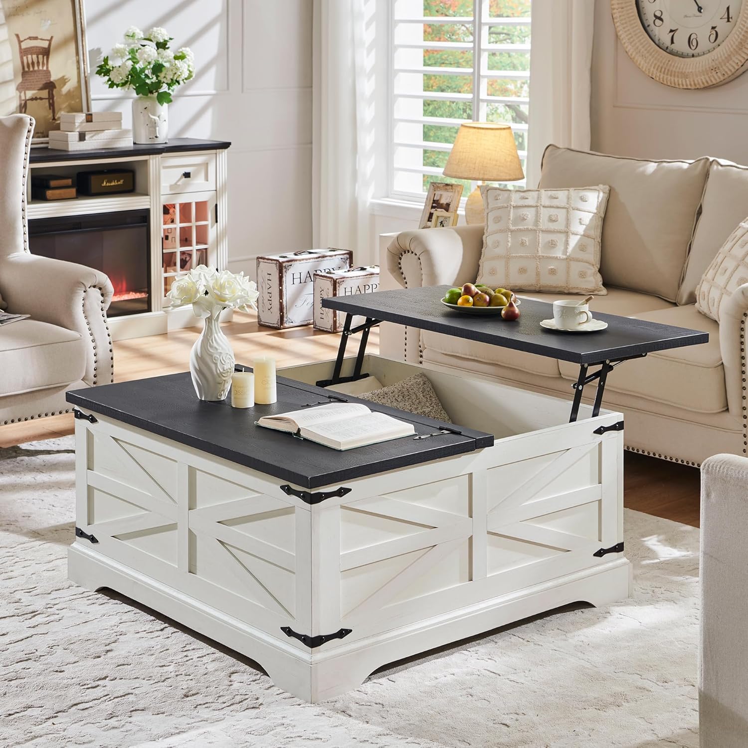 JXQTLINGMU Farmhouse Lift Top Coffee Table with Storage, 36 Wood Square Center Table with Large Hidden Compartment, Rustic Lift Tabletop Dining Table for Home Living Room, White