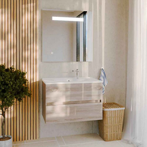 Meuble salle de bain 80 cm ROSALY avec plan vasque et miroir Elégance ht80- Bois- Plan vasque en Résine