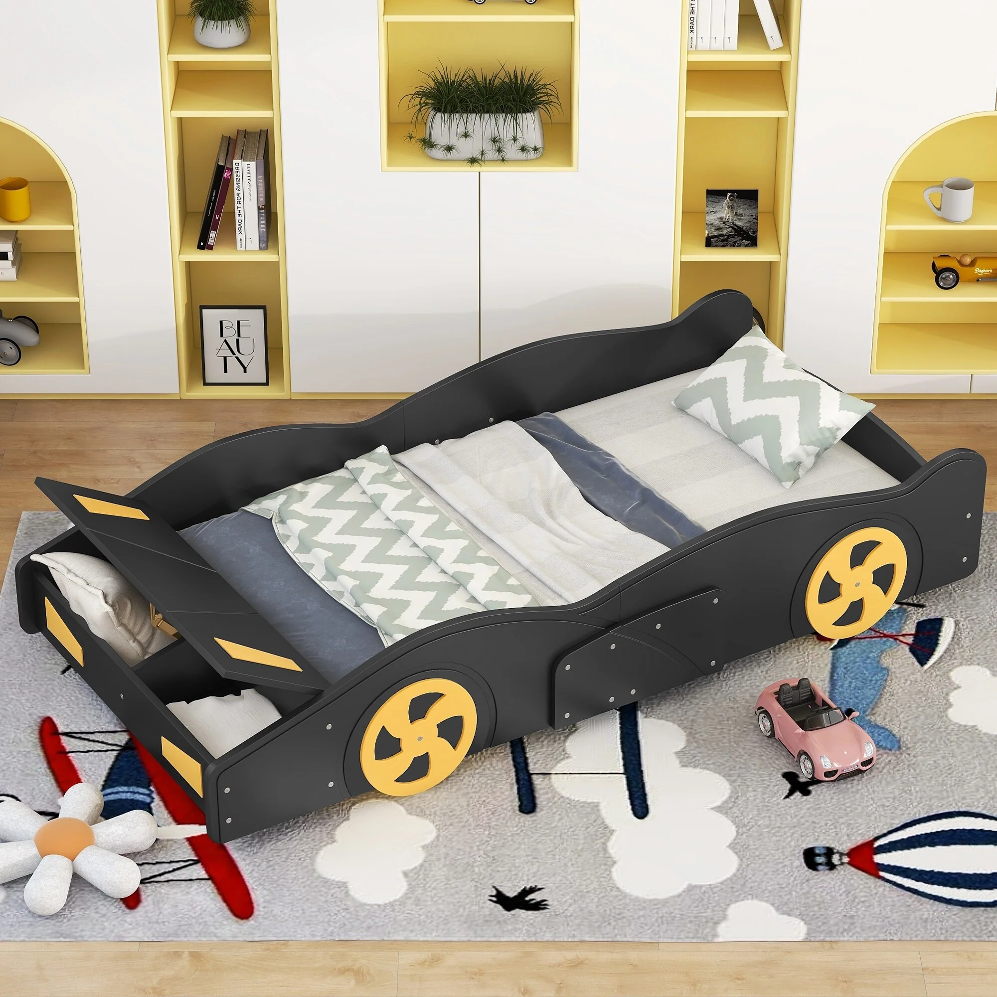 Fun Twin Race Car Platform Bed with Wheels and Storage, Solid Wood Frame