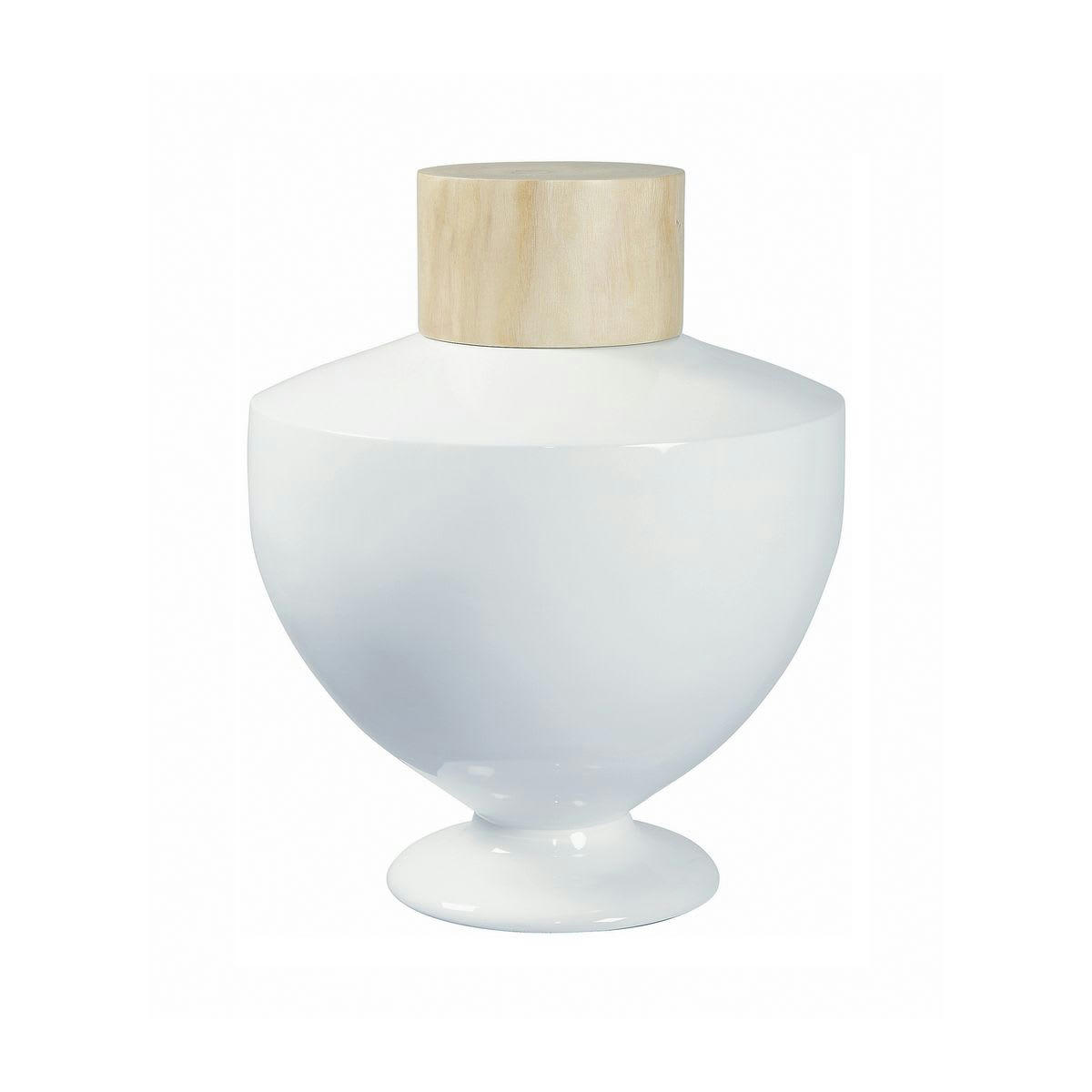 - Pot en résine laquée blanc et couvercle en bois de paulownia h54cm