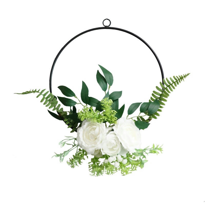 - Couronne de fleurs artificielles blanches et de feuillages D27cm