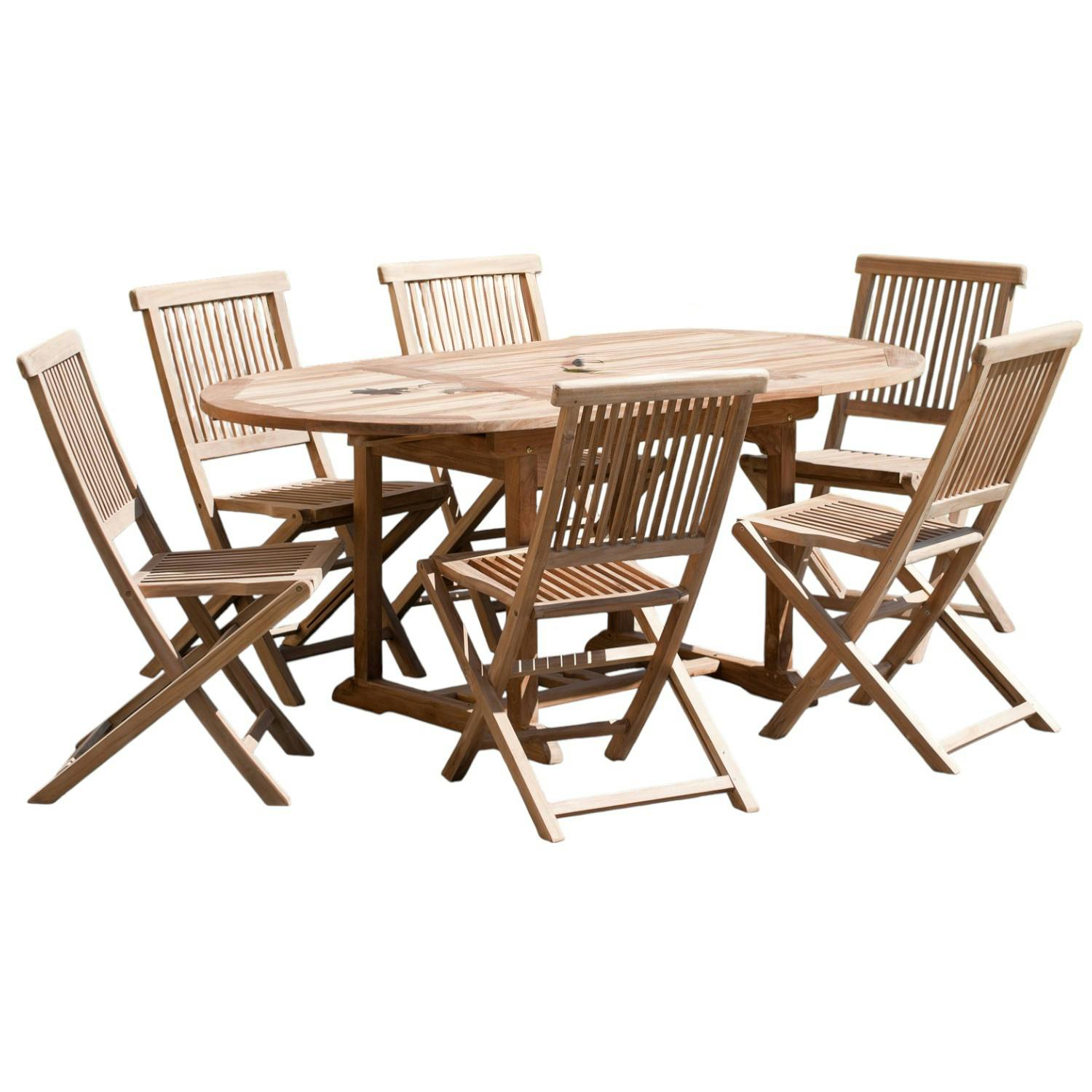 Salon de jardin en teck Table ovale 120/180 cm   6 chaises pliantes SUMMER