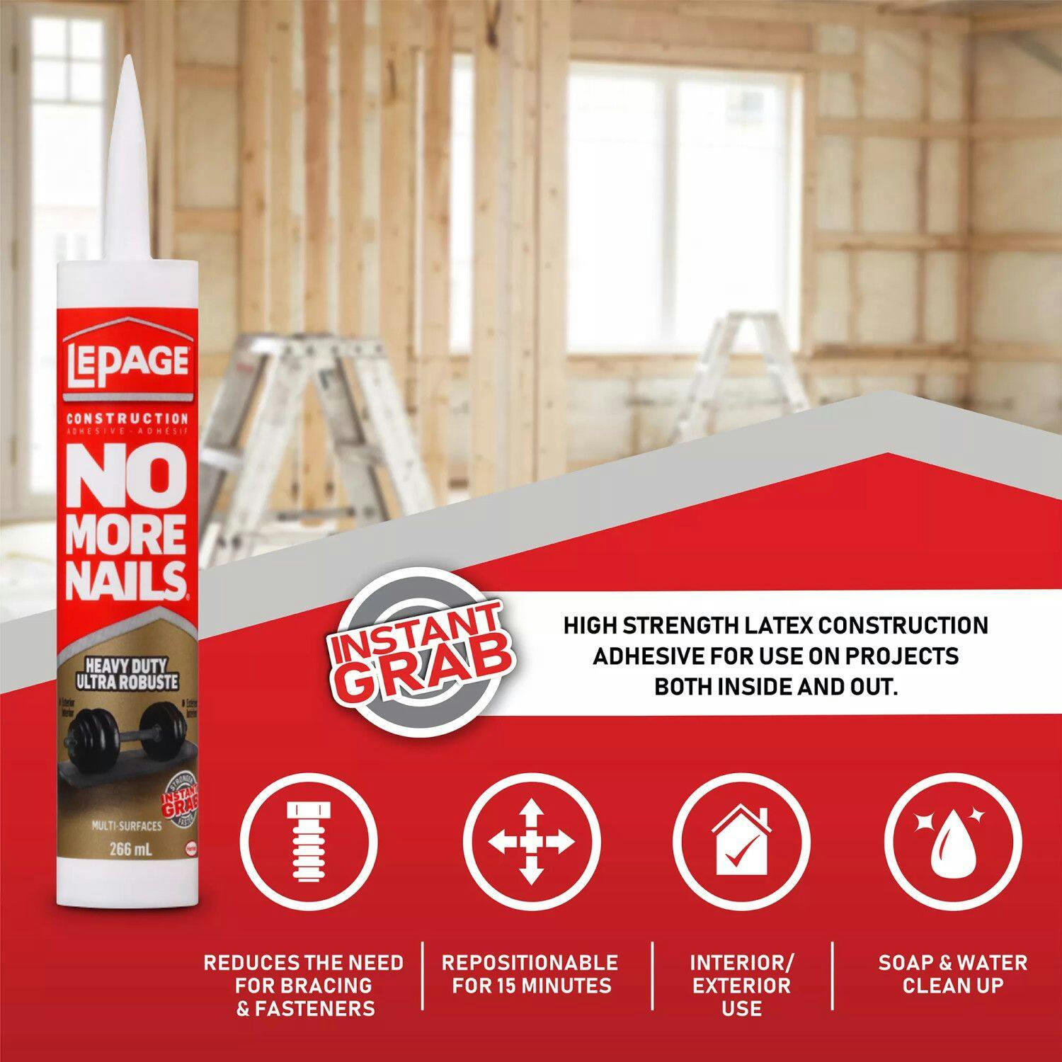 LePage No More Nails Heavy Duty All-Purpose Construction Adhesive Glue, Clear, 266-mL
