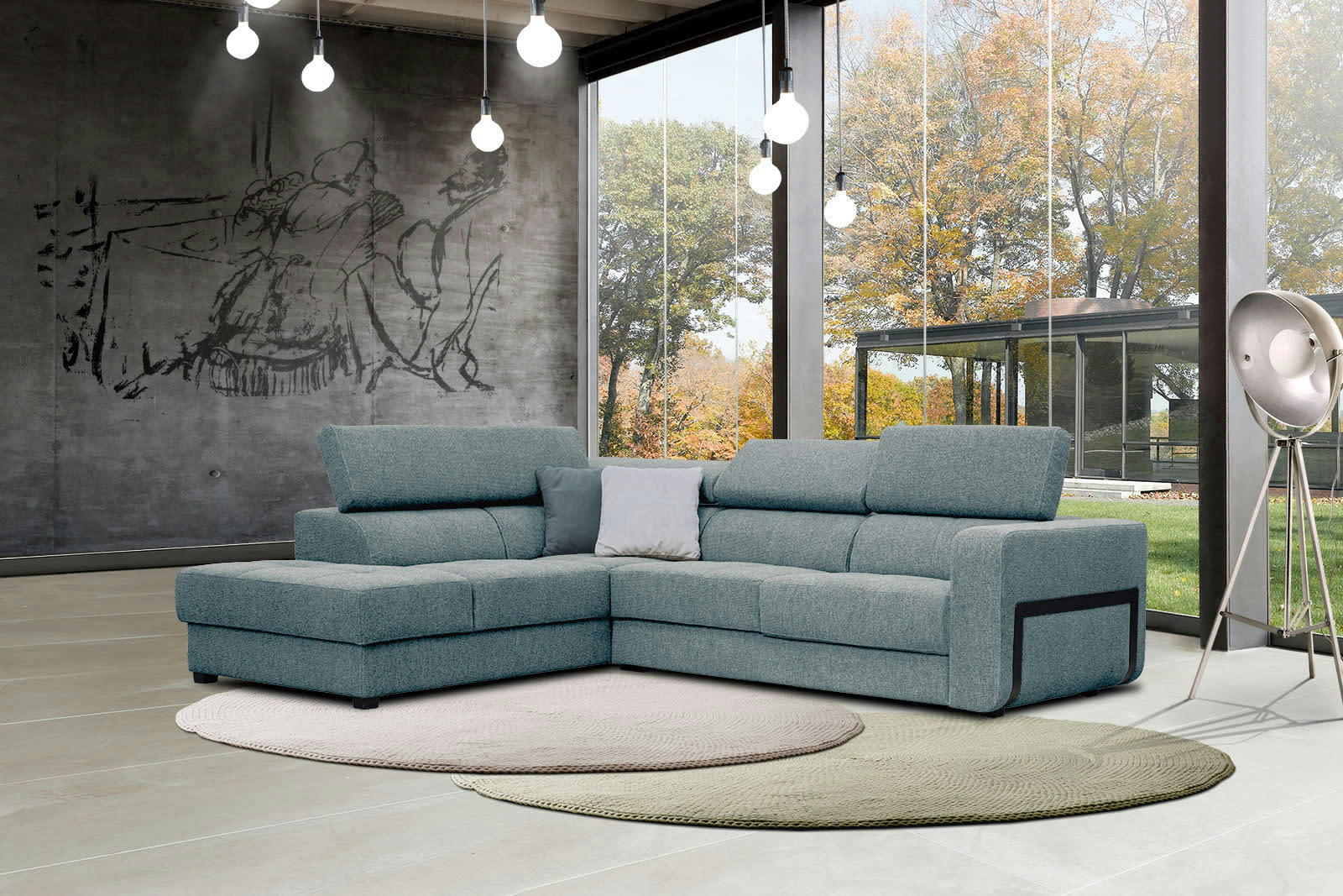 BERGO - Canapé d'angle gauche 5 places en tissu bleu clair avec coussins déco