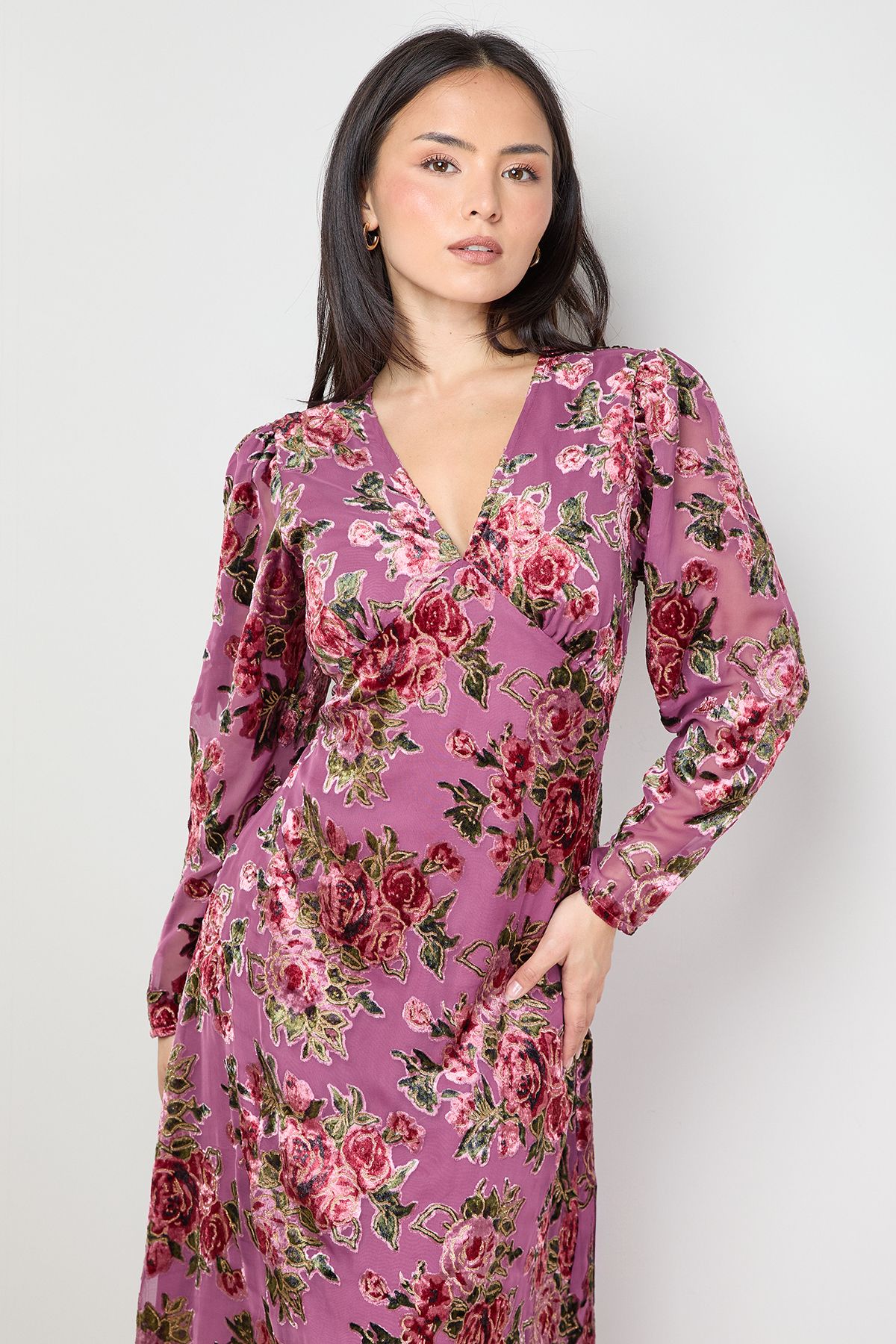 Oasis Petite Devore Puff Sleeve Bias Tea Dress