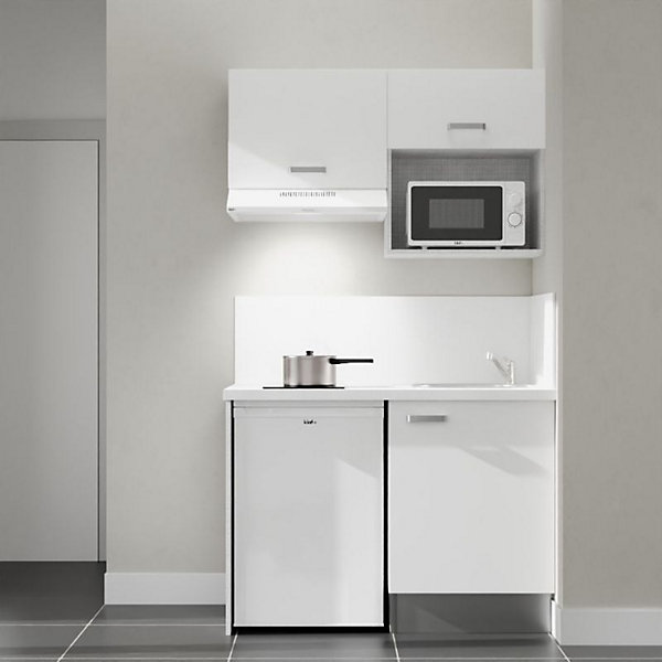 Kitchenette K02 - 120 cm - Façades : Blanc - Plan de travail : Blanc - Crédences : Oui - Evier Inox