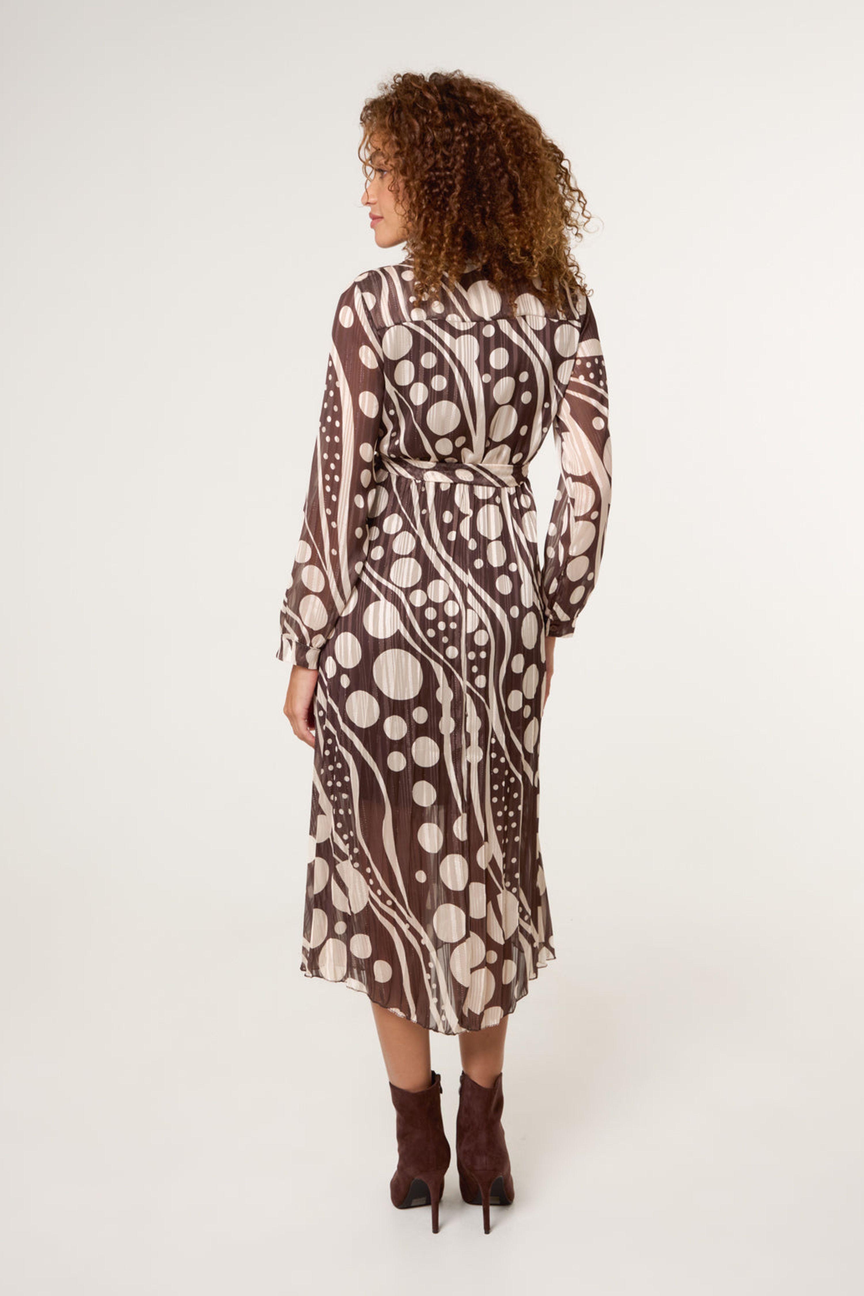 Blue Vanilla Brown Abstract Polka Dot Dress With Metallic Stripe
