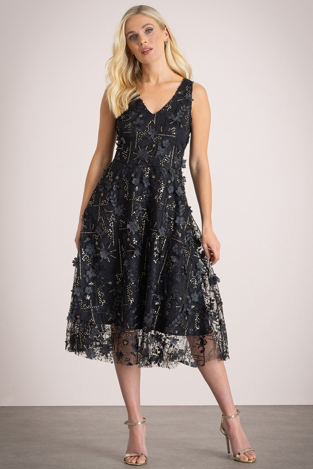 Klass. Sleeveless Applique Shimmer Dress