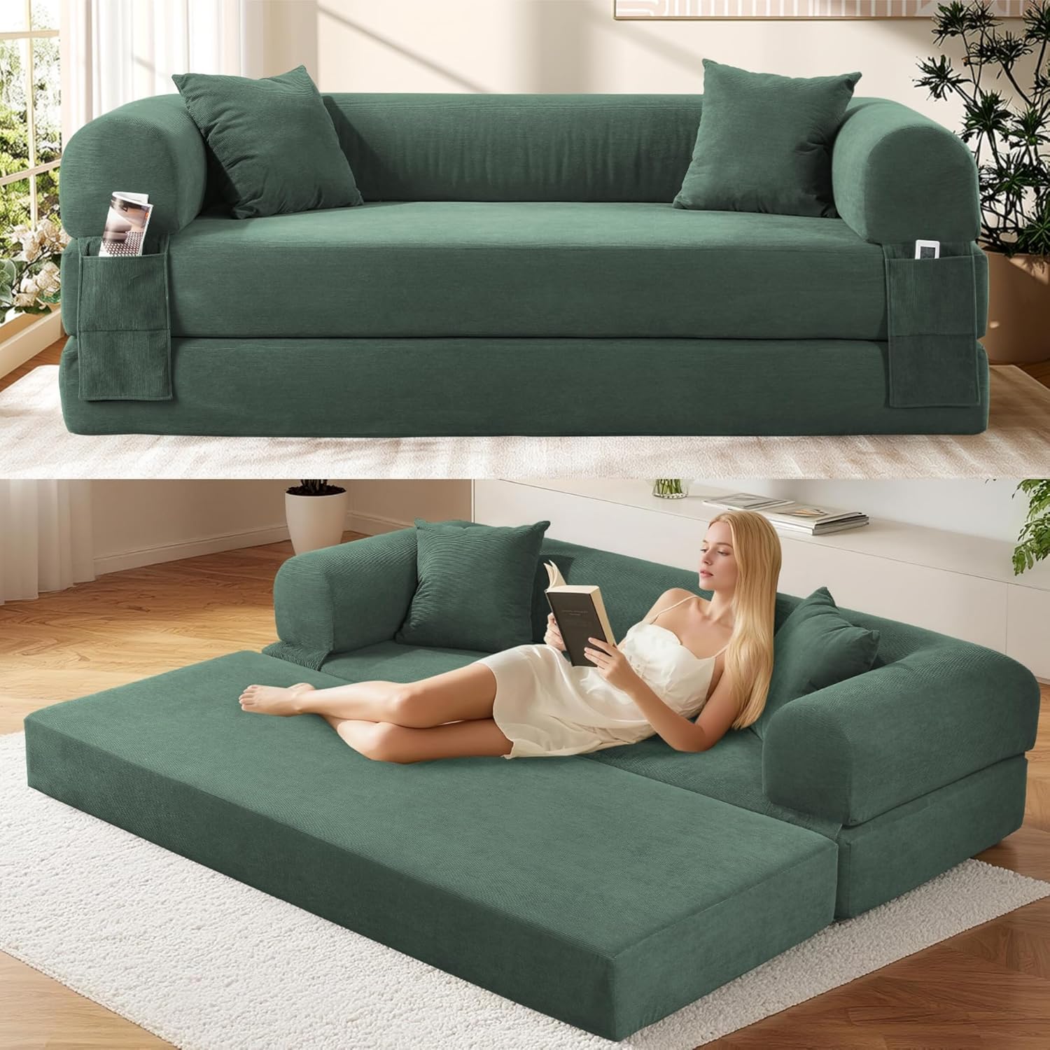Convertible Futon Sofa Bed,80 Folding Pull Out Couch Bed with Storage,Queen Sleeper Sofa Bed,Compressed Couch in a Box,Corduroy Boneless Couches for Living Room,Light Green
