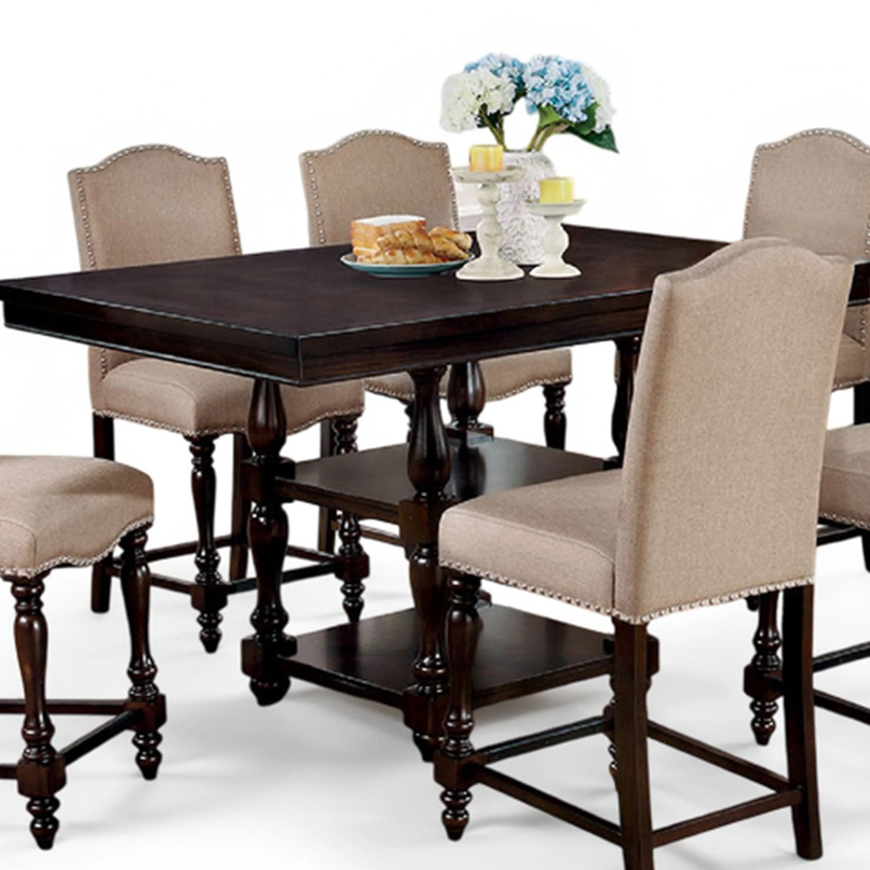 Kenn 7pc Counter Height Table Set, 6 Beige Chair, Cherry Brown Wood