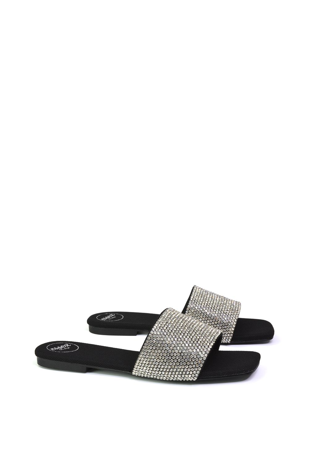 XY London Vanity' Flat Diamante Gem Crystal Sandals with a Square Toe