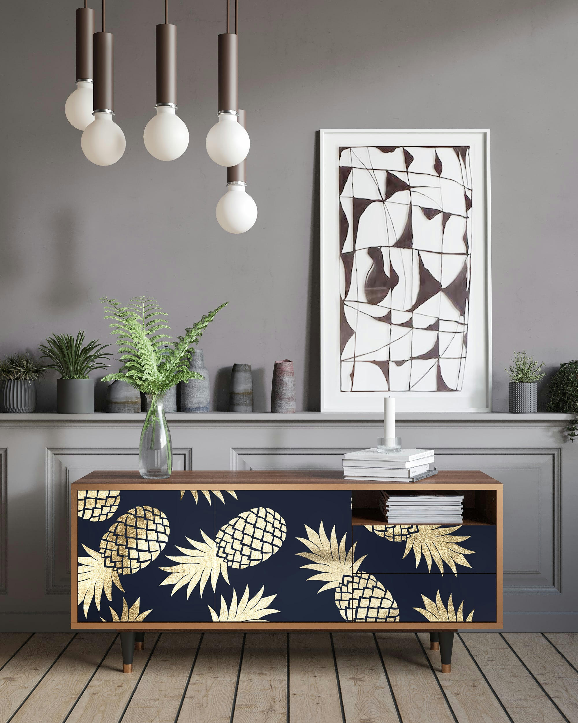 SUNNY PINEAPLE - Meuble TV  bleu et jaune 2 tiroirs et 2 portes L 125 cm