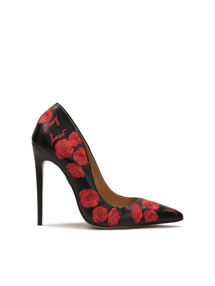 Elegant black stilettos with red flowers