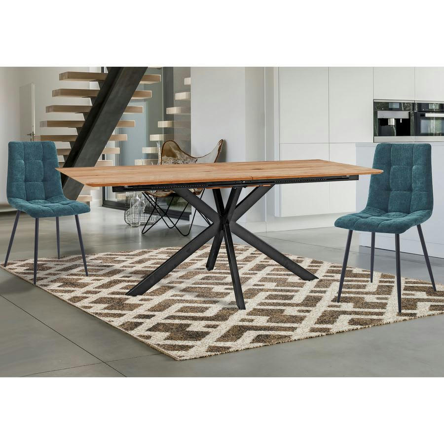 - Table extensible en bois avec plateau effet chêne et pieds noirs