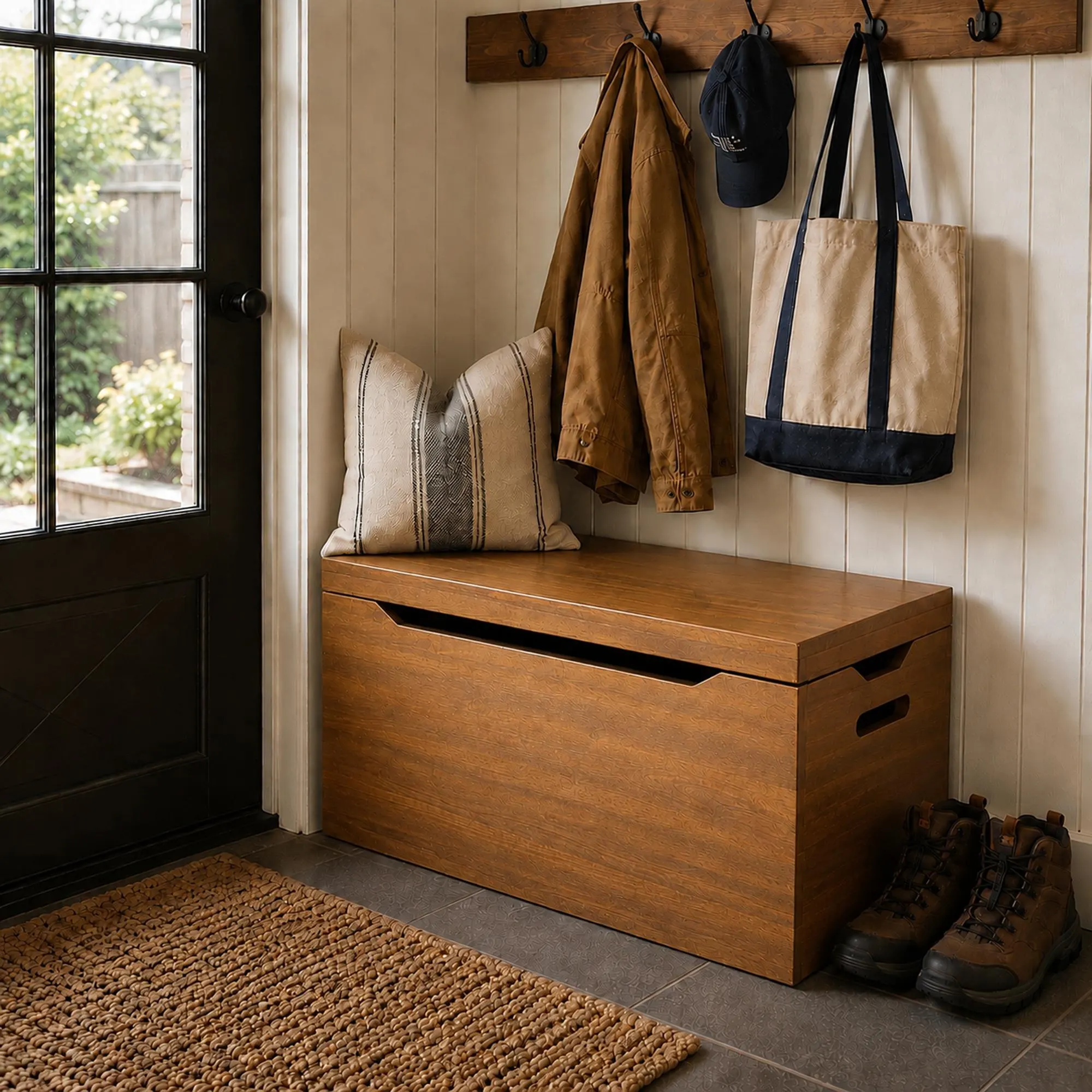 Entryway Storage Bench with Shoe Storage – Solid Hardwood Chest, Fully Assembled, Walnut Finish