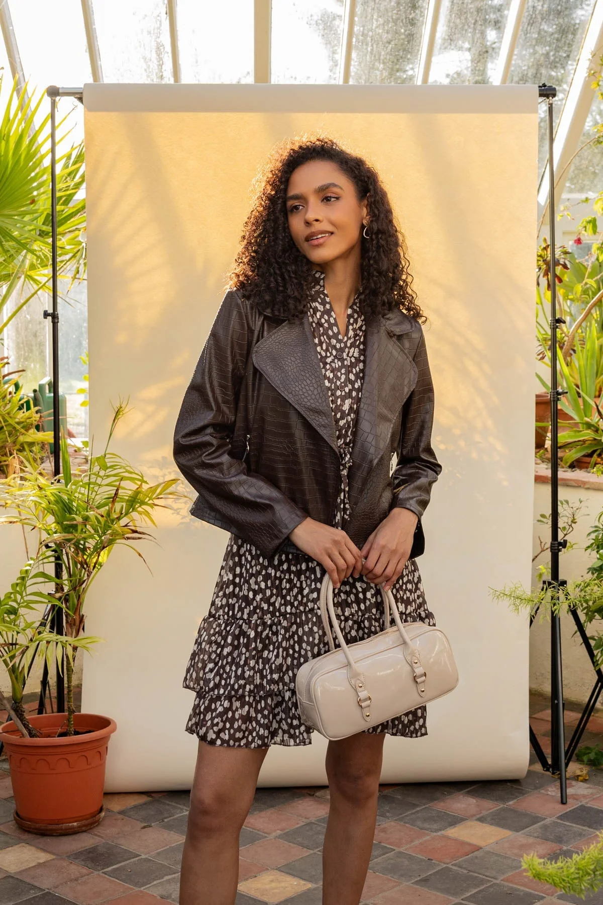 Beige Patent Baguette Bag