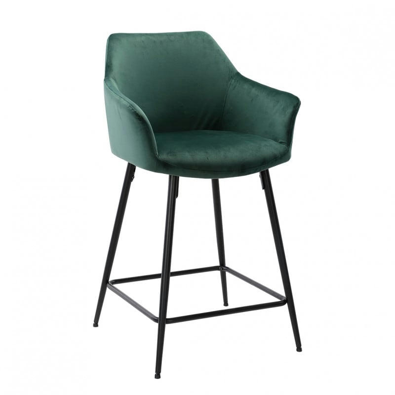 CHIC - Chaise haute de bar en velours vert et piétement métal noir
